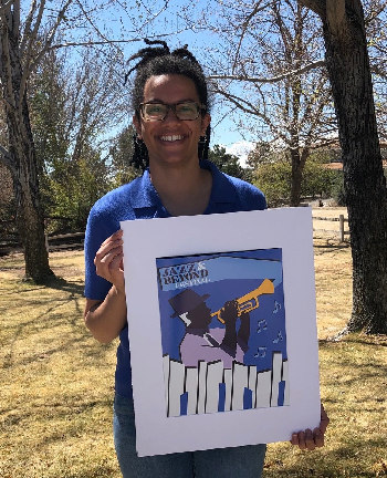 Photograph of Artist Katelyn Lehmann shows her winning artwork.